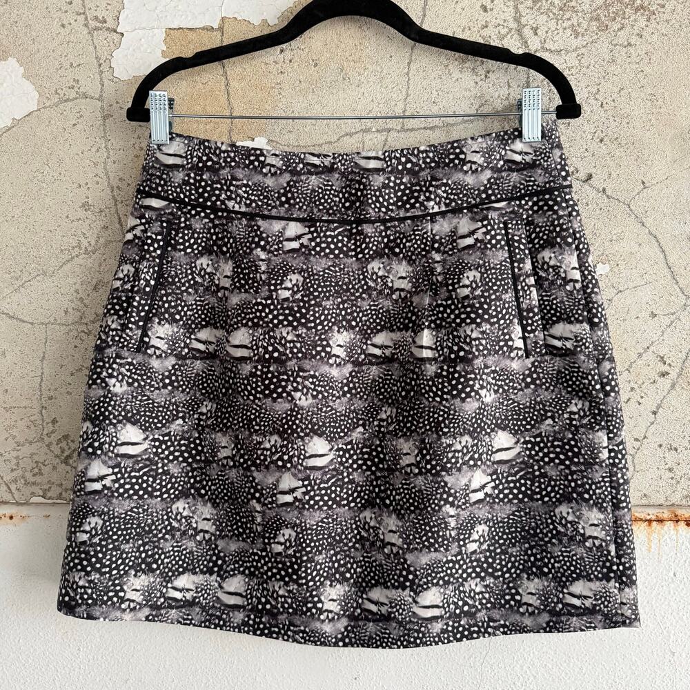 J Crew Mini Skirt Feather Print A Line Black White Guinea Fowl‎ Pattern Womens 8